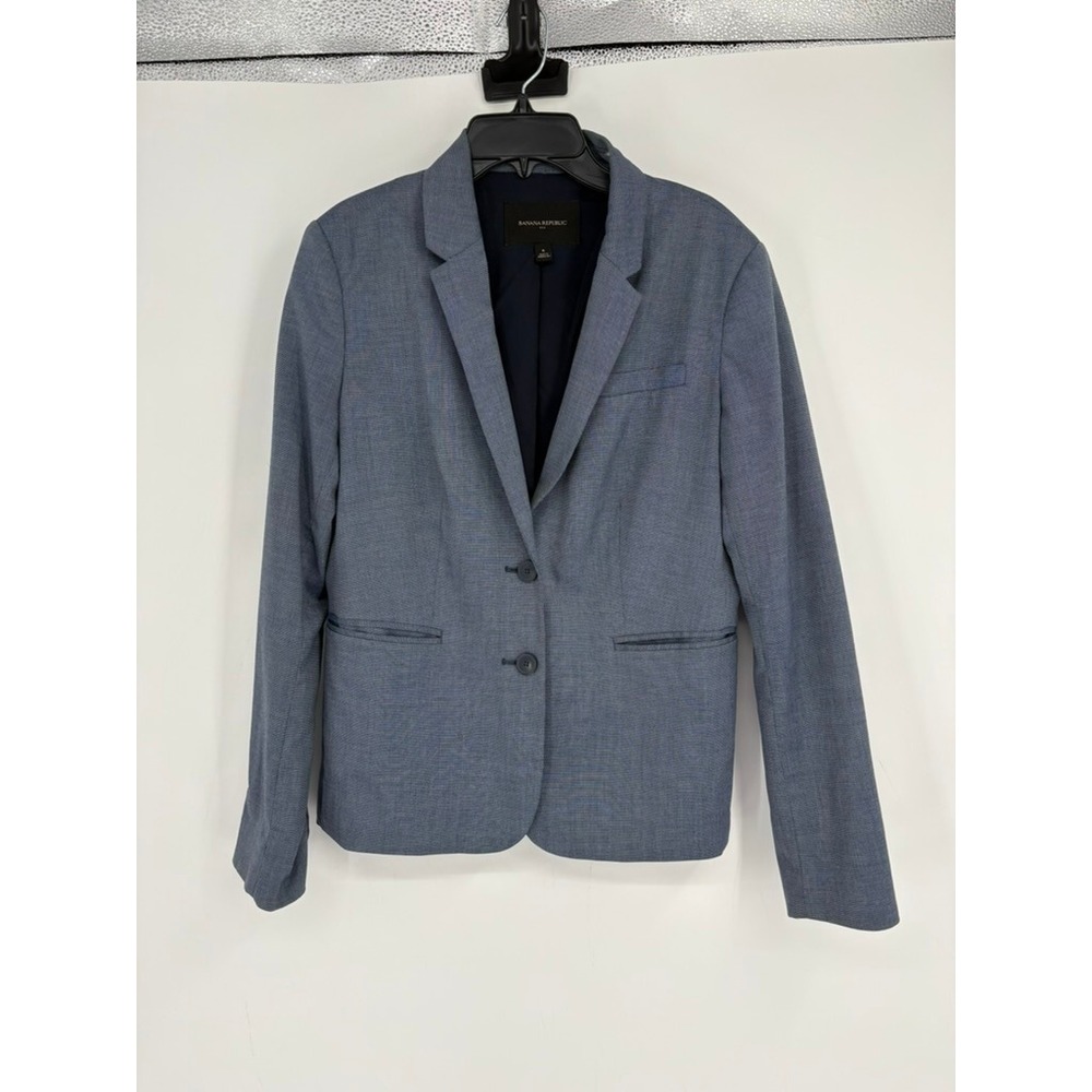 Banana Republic Blazer Women 6 Blue Micro-Check Two-Button Professional Tailored